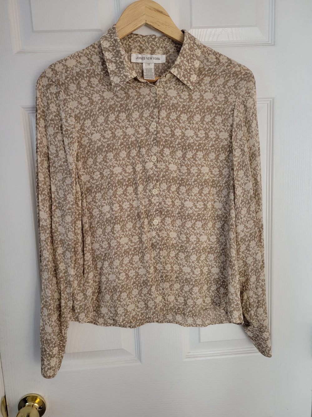 Jones New York 100% Silk Floral Button Down Blouse Tan Beige Vintage Size 14